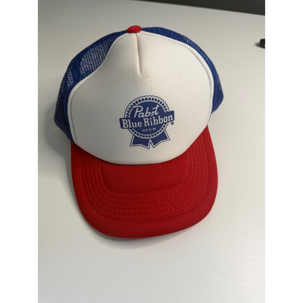 Pabst Blue Ribbon PBR Beer Trucker Hat Snapback Mesh Cap Red White Blue Vintage
